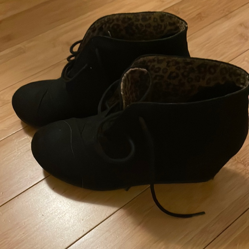 Suede wedge booties, black, size 8.5, never worn.